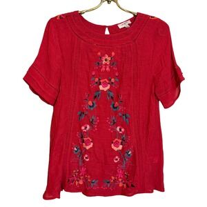 Umgee USA Red Embroidered Floral Short Sleeve‎ Top Women's Size S